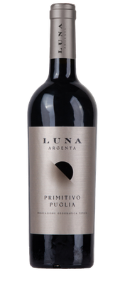 Eine elegante Flasche Rotwein mit dem Etikett 'LUNA ARGENTA', das den Namen 'PRIMITIVO PUGLIA' trägt.