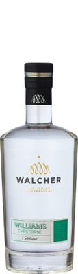 Eine elegante Flasche Williams Christbirne von Walcher, die in klaren Linien und einem modernen Design präsentiert wird.