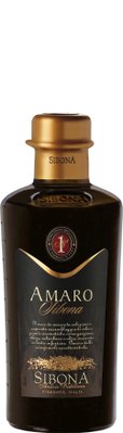 Die Flasche Amaro Sibona präsentiert sich in dunklem Glas, verziert mit goldenen Schriftzügen und einem stilvollen Logo.