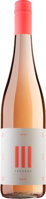 Eine Flasche Roséwein mit einem auffälligen rosa Deckel und einem minimalistischen Etikett, das den Namen '3 Freunde' trägt.