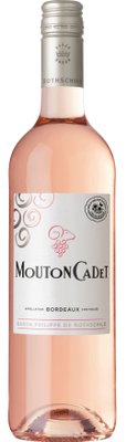 Eine Flasche Mouton Cadet Roséwein mit einem eleganten Etikett und einem silbernen Verschluss, die im Licht glänzt.
