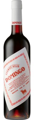Der Vermut 'DOMINGO' in einer stilvollen Flasche, die mit einem kunstvollen Etikett und rotem Schriftzug verziert ist.