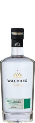 Eine elegante Flasche Williams Christbirne von Walcher, die in klaren Linien und einem modernen Design präsentiert wird.