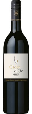 Ein schwarzer Weinflasche mit goldenen Schriftzügen, die den Merlot 'Cadet d'Oc' von Rothschild kennzeichnen.