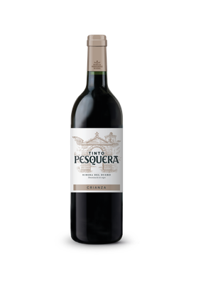 Eine elegante Flasche Tinto Pesquera mit einem klaren, modernen Design und einem auffälligen Etikett, das die Herkunft betont.