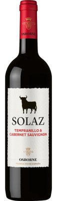 Eine elegante Flasche Rotwein mit dem Etikett 'SOLAZ', das Tempranillo und Cabernet Sauvignon kombiniert.