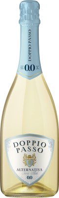 Eine elegante Flasche Doppio Passo Alternativa, alkoholfrei, mit einem hellblauen Etikett und goldenen Akzenten.