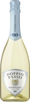 Eine elegante Flasche Doppio Passo Alternativa, alkoholfrei, mit einem hellblauen Etikett und goldenen Akzenten.