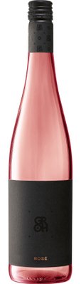 Eine elegante Flasche Roséwein mit einem modernen Etikett in Schwarz und Gold, die im Licht schimmert.