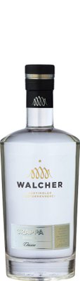 Die Flasche Walcher Grappa zeigt ein modernes Design mit einem schwarzen Deckel und einer stilvollen Etikette in Silber und Gold.