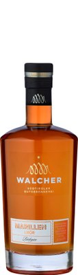 Eine elegante Flasche Marillenlikör mit goldener Etikettierung und dem Schriftzug 'Walcher' in stilvollem Design.