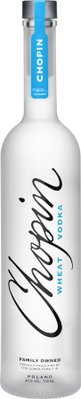 Eine minimalistische Vodkaflasche mit dem Namen 'Chopin' in geschwungener Schrift, die die Handwerkskunst der Dorda-Familie betont.
