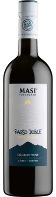 Eine elegante Flasche mit dem Etikett 'Passo Doble', die die Sorten Malbec und Corvina für biologischen Wein präsentiert.