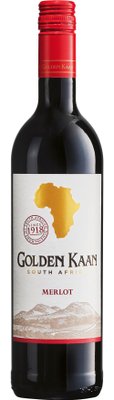 Eine Flasche Golden Kaan Merlot aus Südafrika, mit einem goldenen Afrika-Umriss auf dem Etikett und rotem Schraubverschluss.