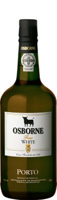 Eine grüne Flasche mit dem Etikett 'Osborne Fine White Porto', die die Herkunft aus Portugal und den Alkoholgehalt von 19,5 % zeigt.