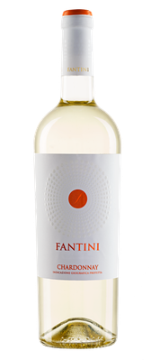 Eine Flasche Fantini Chardonnay mit einem eleganten, weißen Etikett und einem weiß-orangefarbenen Korken.