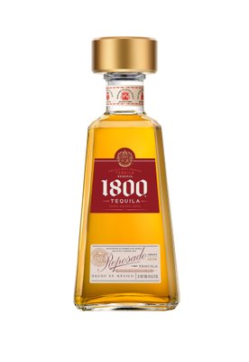 Die Flasche Tequila 1800 Reposado zeigt eine goldene Kappe und ein rotes Etikett, umgeben von einem klaren, minimalistischen Hintergrund.