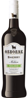 Die Flasche Osborne Sherry zeigt ein klassisches Design mit einem Stier-Logo und der Aufschrift 'Medium Golden'.