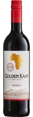 Eine Flasche des südafrikanischen Weins Golden Kaan Shiraz, die durch ihr ansprechendes Design und die goldene Afrika-Karte besticht.