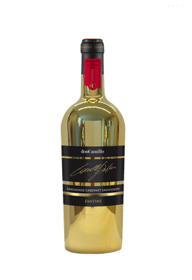 Eine goldene Weinflasche mit schwarzer Etikettierung, die den Sangiovese Cabernet Sauvignon aus der Gold Collection zeigt.
