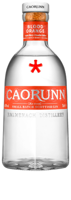 Eine Flasche Caorunn Gin mit einem auffälligen roten Etikett, das 'Blood Orange' und die Zutaten auflistet.