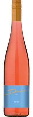 Eine elegante Flasche Roséwein mit einem goldenen Verschluss und einem blauen Etikett, das den Namen Diehl trägt.