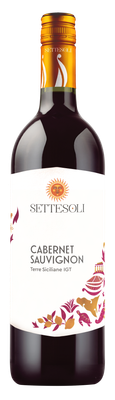 Der rote Wein Settesoli Cabernet Sauvignon in einer stilvollen Flasche, verziert mit bunten, floralen Mustern und einem Sonnensymbol.