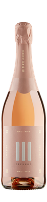 Eine elegante Flasche Rosé-Sekt aus Pinot Noir mit einem zarten, rosafarbenen Etikett und goldenen Schriftzügen.