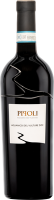 Schwarz-edle Flasche Pipoli_aglianico mit weißem Etikett und goldener Schriftzug sowie schwarzem Verschluss