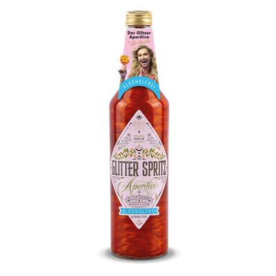 Flasche Glitter Spritz Aperitivo alkoholfrei by Bill Kaulitz mit orangefarbenem Aperitivo aus Bitterorange, Rhabarber und Kräutern.