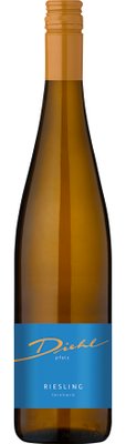 Eine elegante Flasche Riesling mit goldener Kappe und einem blauen Etikett, das den Namen Diehl und die Region Pfalz zeigt.