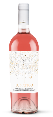 Eine elegante Flasche Roséwein mit dem Namen 'Lunatico', die in sanften Rosa- und Goldtönen gestaltet ist.