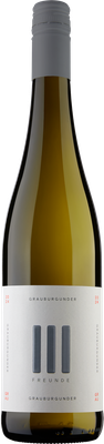 Die Flasche Grauburgunder steht aufrecht, das Etikett hebt sich durch klare Schrift und moderne grafische Elemente hervor.