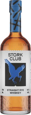 Eine Flasche Stork Club Straight Rye Whiskey mit einem auffälligen blauen Deckel und einem stilisierten Storch-Logo auf dem Etikett.