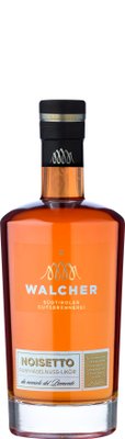 Die Flasche zeigt den Namen 'Walcher' und die Bezeichnung 'Noisetto Rum-Haselnuss-Likör' auf einem stilvollen Etikett.