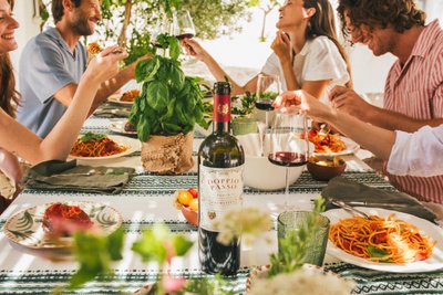 Gruppe von Menschen genießt ein geselliges Essen im Freien mit Wein und italienischen Gerichten wie Pasta und Antipasti.