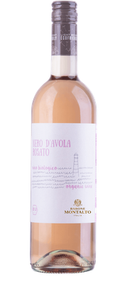 Eine Flasche Nero d'Avola Rosato mit einem eleganten Etikett, das einen Leuchtturm und Wellenmuster zeigt.