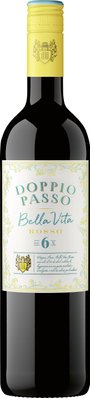 Doppio Passo Bella Vita Rosso, eine Flasche mit einem ansprechenden Etikett, das die Leichtigkeit des Weins mit 6% Alkohol betont.
