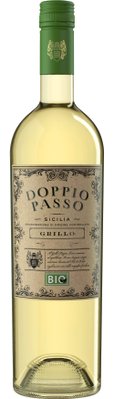 Eine elegante Flasche Doppio Passo Grillo aus Sizilien, mit einem grünen Schraubverschluss und einem kunstvollen Etikett.