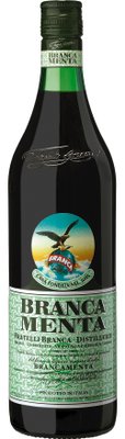 Eine grüne Flasche mit dem Etikett 'BRANCA MENTA', die einen Adler und eine Landschaft zeigt, steht auf einem weißen Hintergrund.
