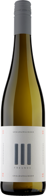 Die Flasche Grauburgunder steht aufrecht, das Etikett hebt sich durch klare Schrift und moderne grafische Elemente hervor.