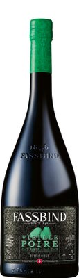 Eine elegante Flasche mit grünem Deckel, die die Spirituose 'Vieille Poire' von Fassbind zeigt, seit 1846 hergestellt.