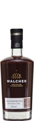 Eine elegante Flasche Walcher Tartuffetto Kakao-Rum-Likör mit einem stilvollen Etikett und einem schwarzen Verschluss.