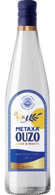 Metaxa Ouzo, ein traditioneller griechischer Schnaps, präsentiert sich in einer ansprechenden Flasche mit einem blauen und goldenen Design.