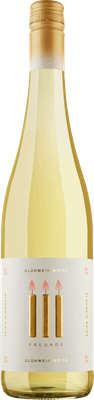 Eine Flasche weißen Glühwein mit goldener Kappe und einem eleganten Etikett, das Kerzen und den Schriftzug 'Freunde' zeigt.
