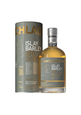 Die Flasche Islay Barley 2011 zeigt einen klaren, goldenen Whisky, umgeben von einer stilvollen, informativen Dose.