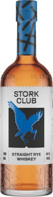 Eine Flasche Stork Club Straight Rye Whiskey mit einem auffälligen blauen Deckel und einem stilisierten Storch-Logo auf dem Etikett.