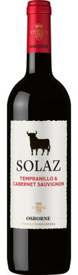 Eine elegante Flasche Rotwein mit dem Etikett 'SOLAZ', das Tempranillo und Cabernet Sauvignon kombiniert.