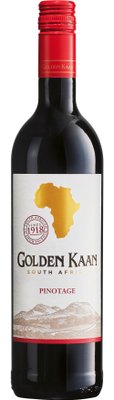 Eine Flasche Golden Kaan Pinotage aus Südafrika, mit einem goldenen Afrika-Logo und einer stilisierten Berglandschaft auf dem Etikett.