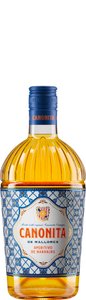 Eine Flasche Canonita Aperitif mit leuchtend gelber Flüssigkeit und einem blauen Deckel, verziert mit floralen Mustern.